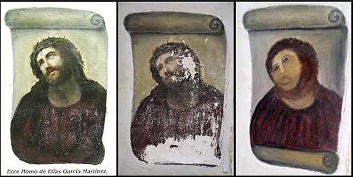El eccehomo de la iglesia del Santuario de Misericordia de Borja (Zaragoza), antes y después de la desastrosa restauración. El eccehomo de la iglesia del Santuario de Misericordia de Borja (Zaragoza), antes y después de la desastrosa restauración.