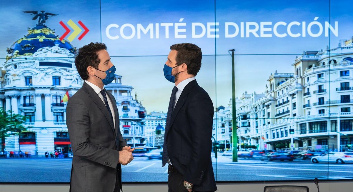 Teodoro García Egea y Pablo Casado, este martes, en el comité de dirección celebrado en Madrid. Teodoro García Egea y Pablo Casado, este martes, en el comité de dirección celebrado en Madrid.