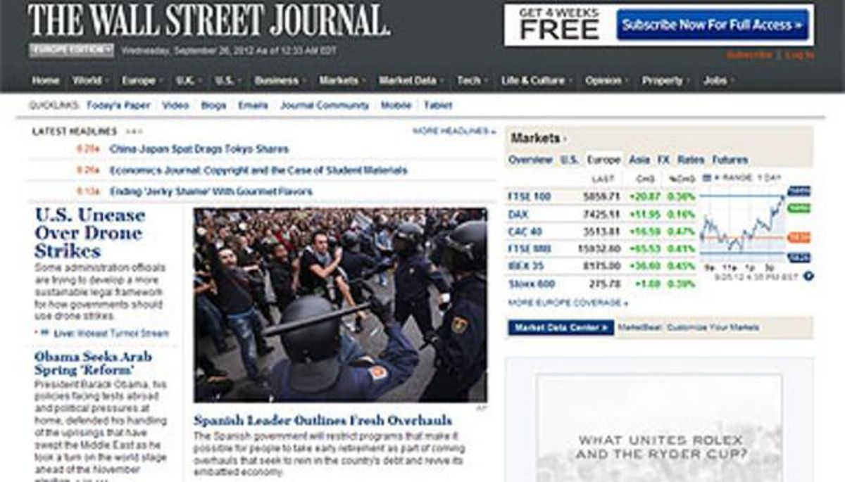 Captura de la web del diario ’The Wall Street Journal’ en la que aparece el artículo dedicado a España. Captura de la web del diario ’The Wall Street Journal’ en la que aparece el artículo dedicado a España.