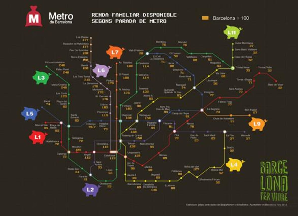 Mapa de la desigualdad en Barcelona sobre la red de metro Mapa de la desigualdad en Barcelona sobre la red de metro