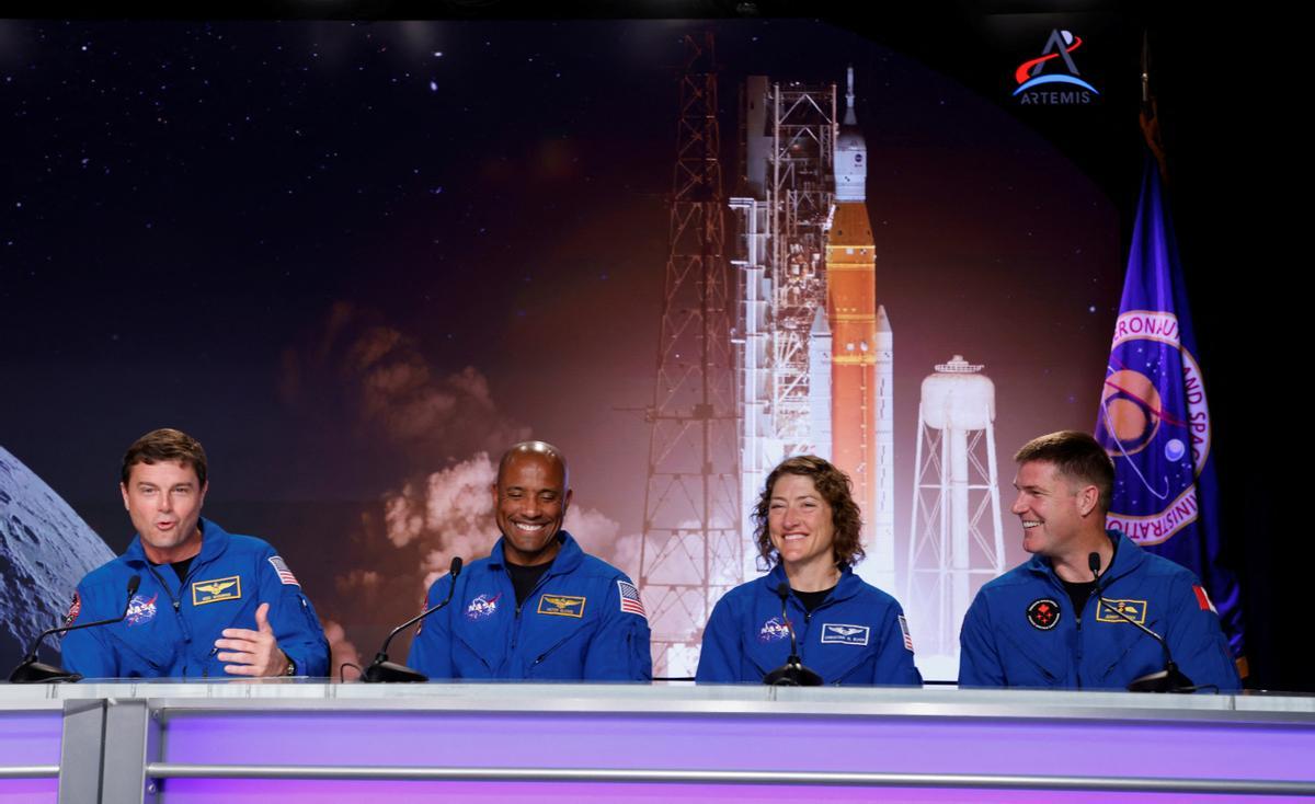 Astronauts for NASAs Artemis II mission, take part in a press conference to discuss progress for their mission to the Moon and back to Earth, at the Kennedy Space Center in Cape Canaveral
