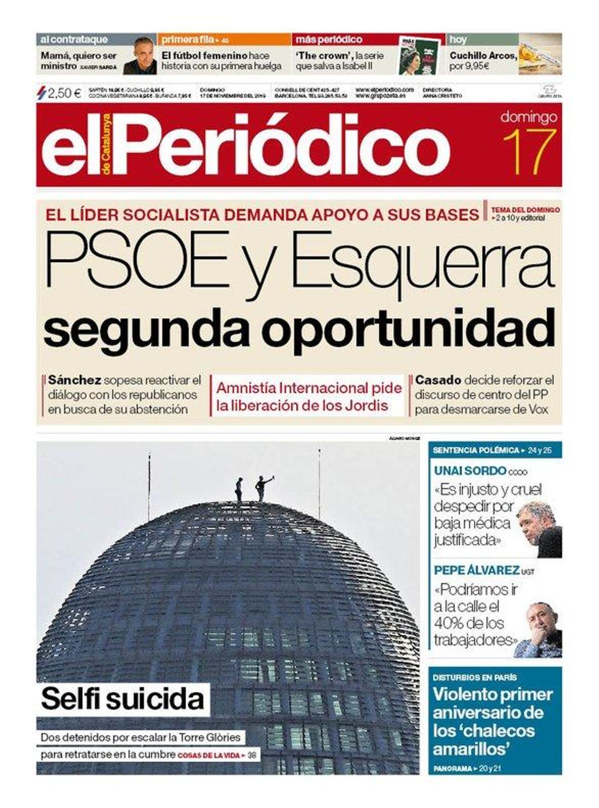 La portada d'EL PERIÓDICO del 17 de novembre del 2019 La portada d'EL PERIÓDICO del 17 de novembre del 2019