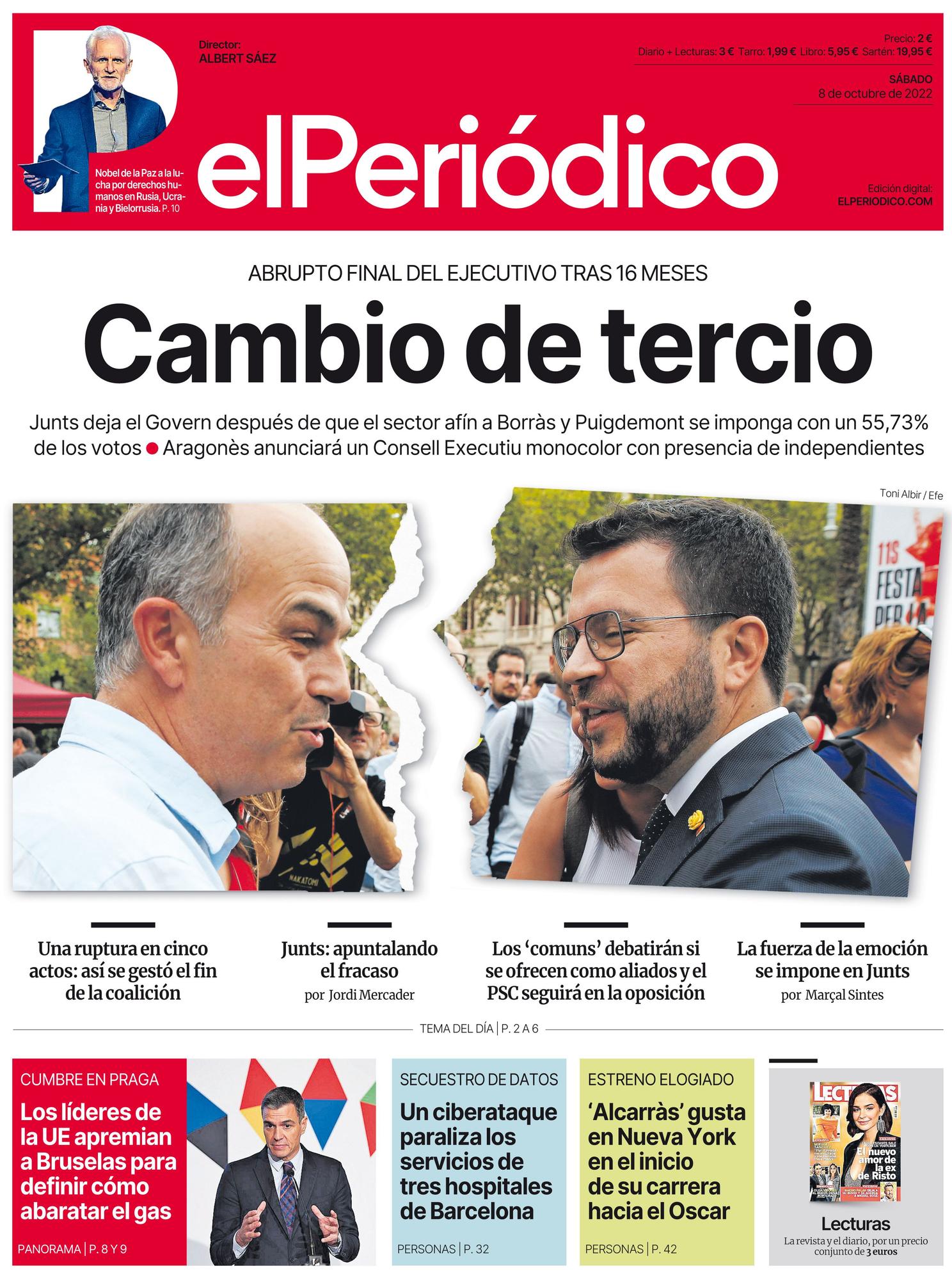 La portada de EL PERIÓDICO del 8 de octubre de 2022