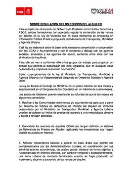Acuerdo de PSOE y Unidas Podemos para regular el precio de los alquileres y enmendar el ingreso mínimo vital. 