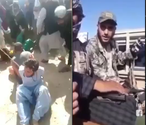 A la izquierda, apaleamiento de ladrones en Kabul una vez restablecida la sharía por los talibanes. A la derecha, alocución de un yihadista desde un frente de guerra. Las dos imágenes pertenecen a la propaganda que consumen los islamistas radicales.