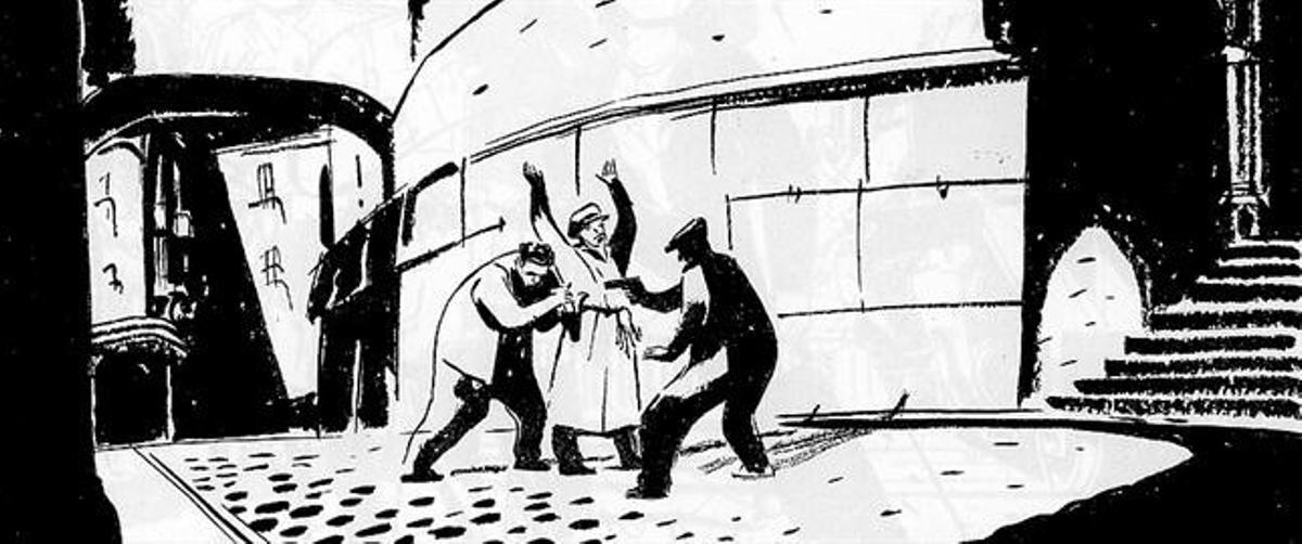 Arriba, el policía torturador de la comisaría de Vía Layetana Antonio Juan Creix golpea a Miguel Núñez. Abajo, la viñeta ilustra cómo los serenos fueron ’proveedores’ de armas de la Agrupación Guerrillera de Catalunya.