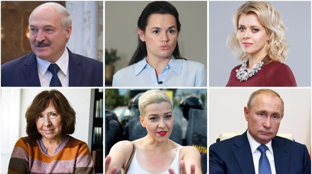 De izquierda a derecha y de arriba abajo, Lukashenko, Tikhonóvskaya, Tsepkalo, Alexievich, Kolesnikova y Putin.