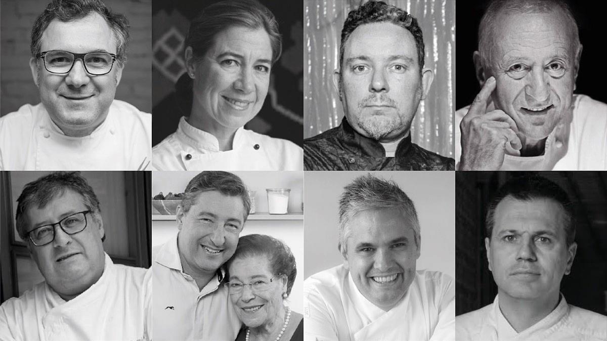 Algunos de los chefs que participarán este sábado en #GastroNadal2020: arriba, Albert Raurich, Ada Parelada, Albert Adrià y Carles Gaig; debajo, Fermí Puig, Joan Roca y su madre, Montserrat Fontané, Nandu Jubany y Oriol Castro.
