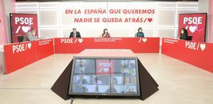 El secretario de Organización del PSOE, José Luis Ábalos, preside la reunión de la ejecutiva federal del partido, con Santos Cerdán, Cristina Narbona, Carmen Calvo y Maritcha Ruiz, este 19 de octubre del 2020 en la sede de Ferraz. 