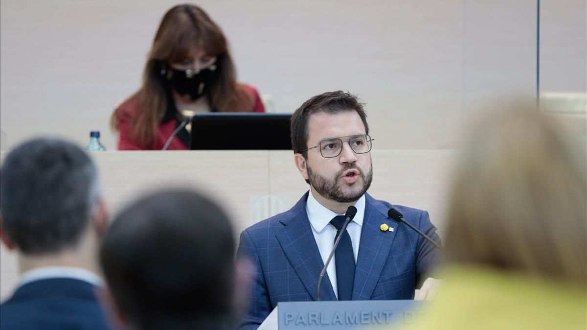 Pere Aragonès durante el segundo debate de investidura en el Parlament. Pere Aragonès durante el segundo debate de investidura en el Parlament.