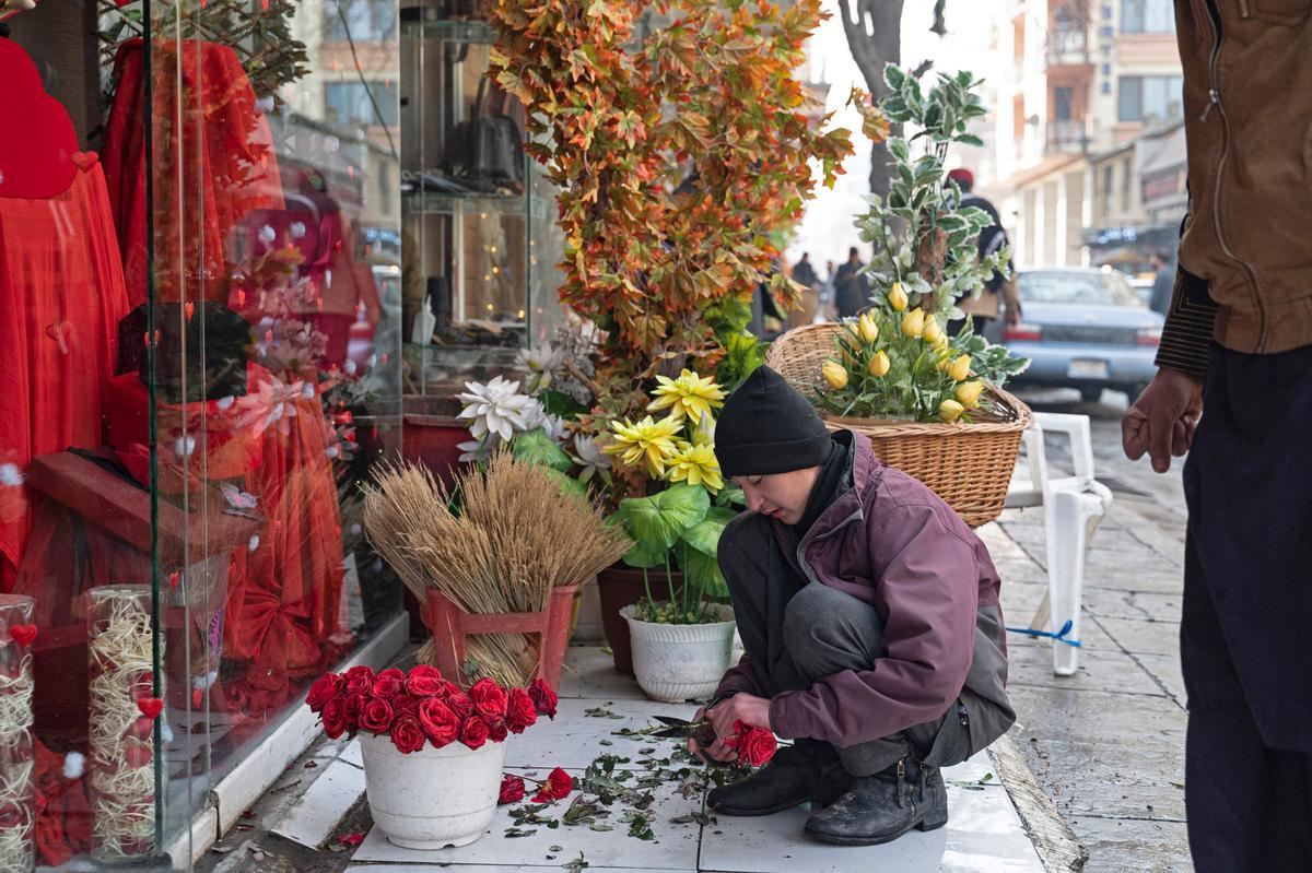 Un vendedor quita las espinas de las rosas en Kabul. 