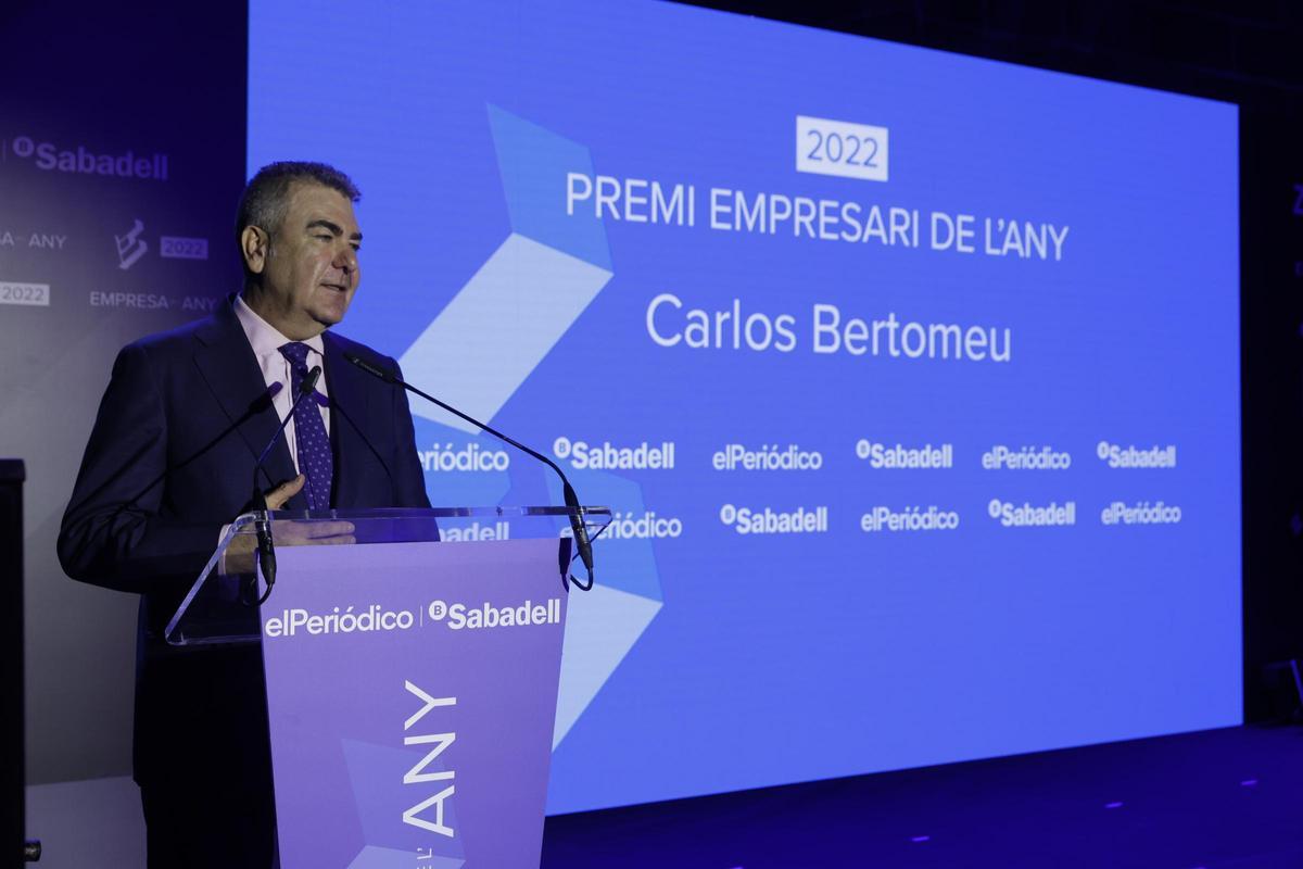 Carlos Bertomeu, en su discurso tras recibir el premio al empresario del año 2022. Carlos Bertomeu, en su discurso tras recibir el premio al empresario del año 2022.