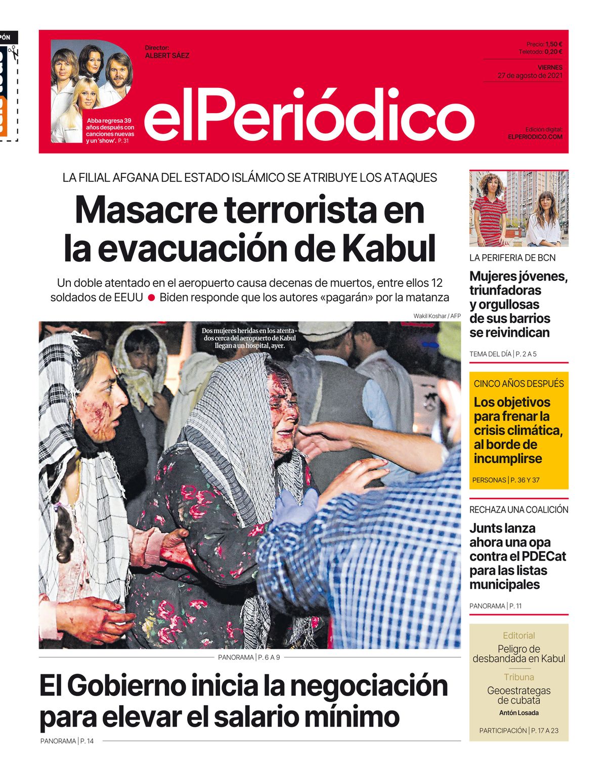 La portada de EL PERIÓDICO del 27 de agosto de 2021 La portada de EL PERIÓDICO del 27 de agosto de 2021