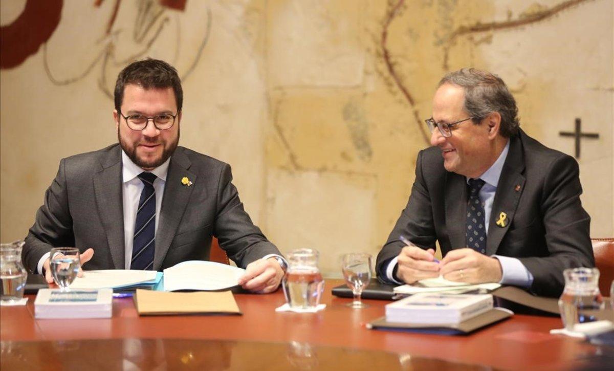 Pere Aragonès y Quim Torra, en la reunión del Govern.