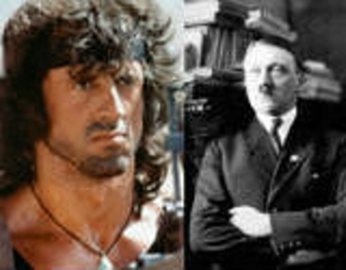 El protagonista de la serie ’Rambo’ y Adolf Hitler, con 36 años, posando con sus libros en su primer apartamento de Múnich.