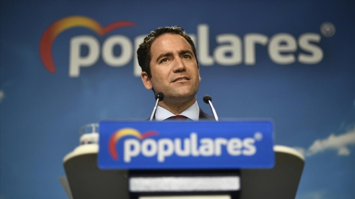 Teodoro García Egea, secretario general del PP, durante una comparecencia el 3 de septiembre ante los medios.