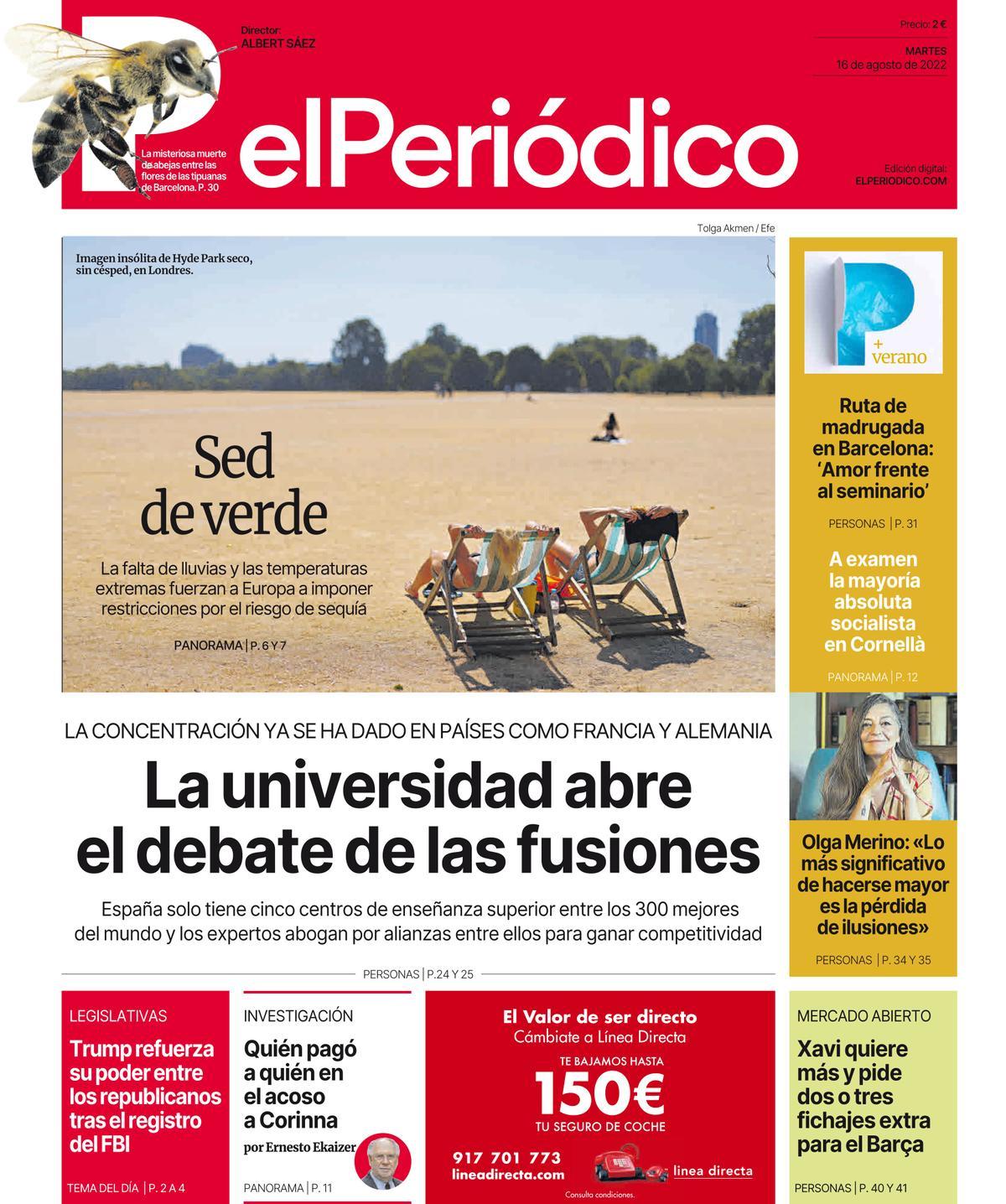 La portada de EL PERIÓDICO del 16 de agosto de 2022