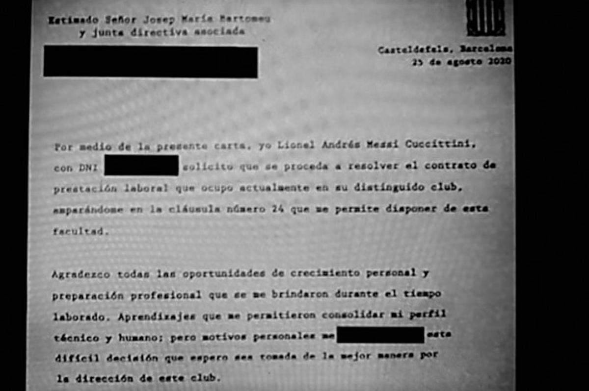 Fragmento del burofax que Leo Messi envió al Barça pidiendo su salida del club.