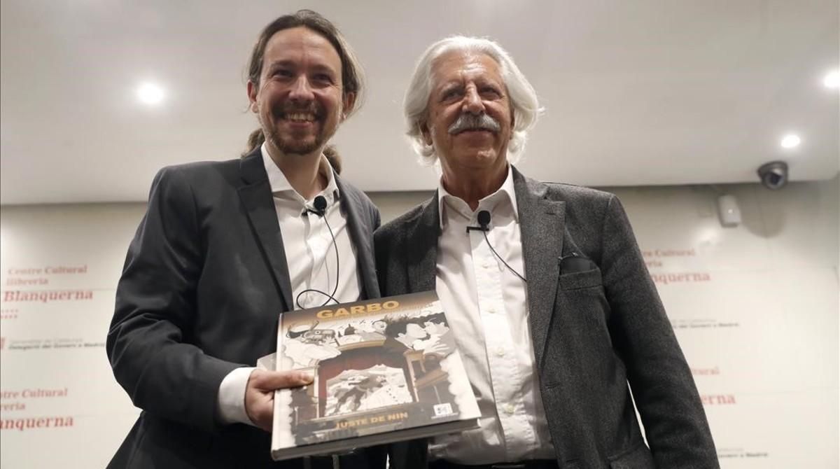 Iglesias y Juste de Nin en la presentación de la novela gráfica Garbo, el espía catalán que engañó a Hitler, en el Centre Cultural Blanquerna de Madrid. Iglesias y Juste de Nin en la presentación de la novela gráfica Garbo, el espía catalán que engañó a Hitler, en el Centre Cultural Blanquerna de Madrid.