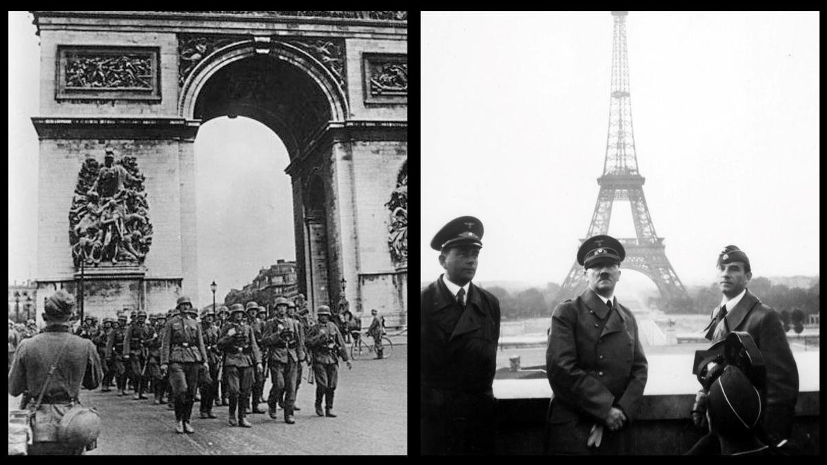 Desfile de tropas alemanas por los Campos Elíseos y bajo el Arco de Triunfo, en el París de junio de 1940, recién ocupado por los nazis. Al lado, Hitler con la torre Eiffel al fondo, durante su visita relámpago a la capital francesa recién conquistada. 