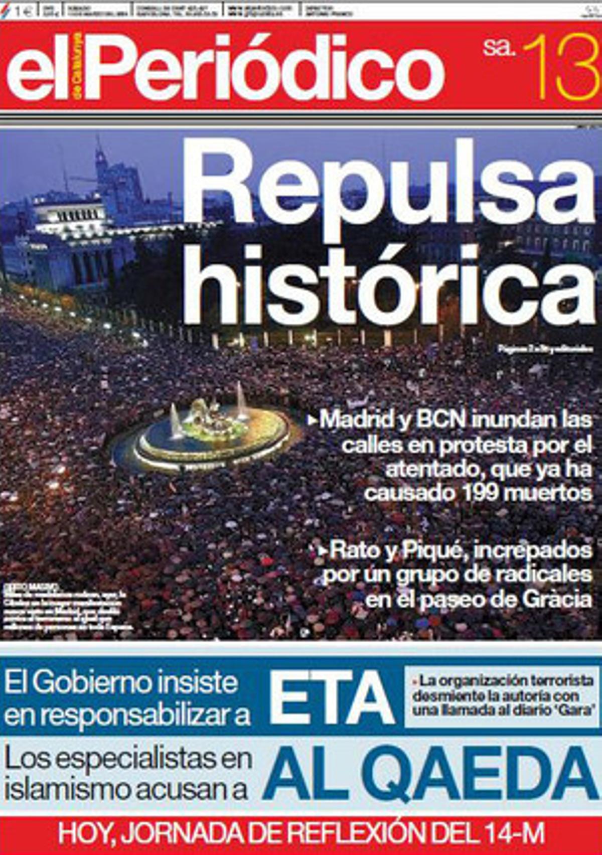 La portada de EL PERIÓDICO del día 13 de marzo del 2004