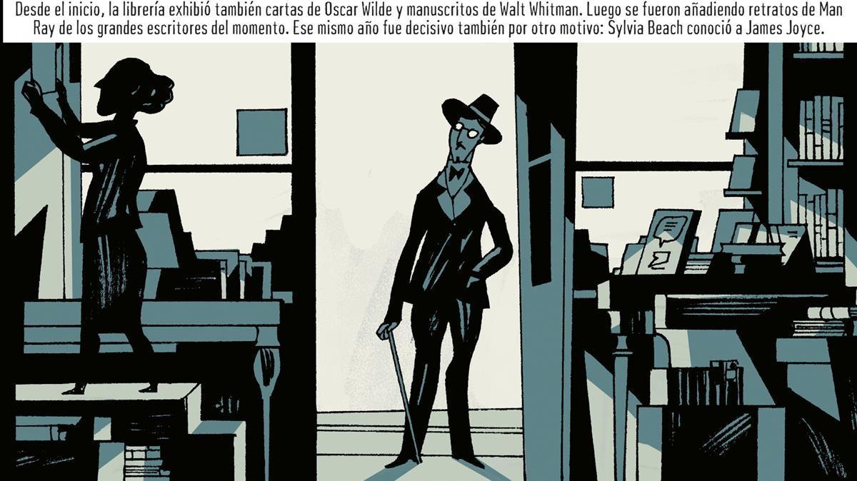 Viñeta de ’Warburg & Beach’, con Sylvia Beach y James Joyce entrando en la librería Shakespeare & Co. Viñeta de ’Warburg & Beach’, con Sylvia Beach y James Joyce entrando en la librería Shakespeare & Co.