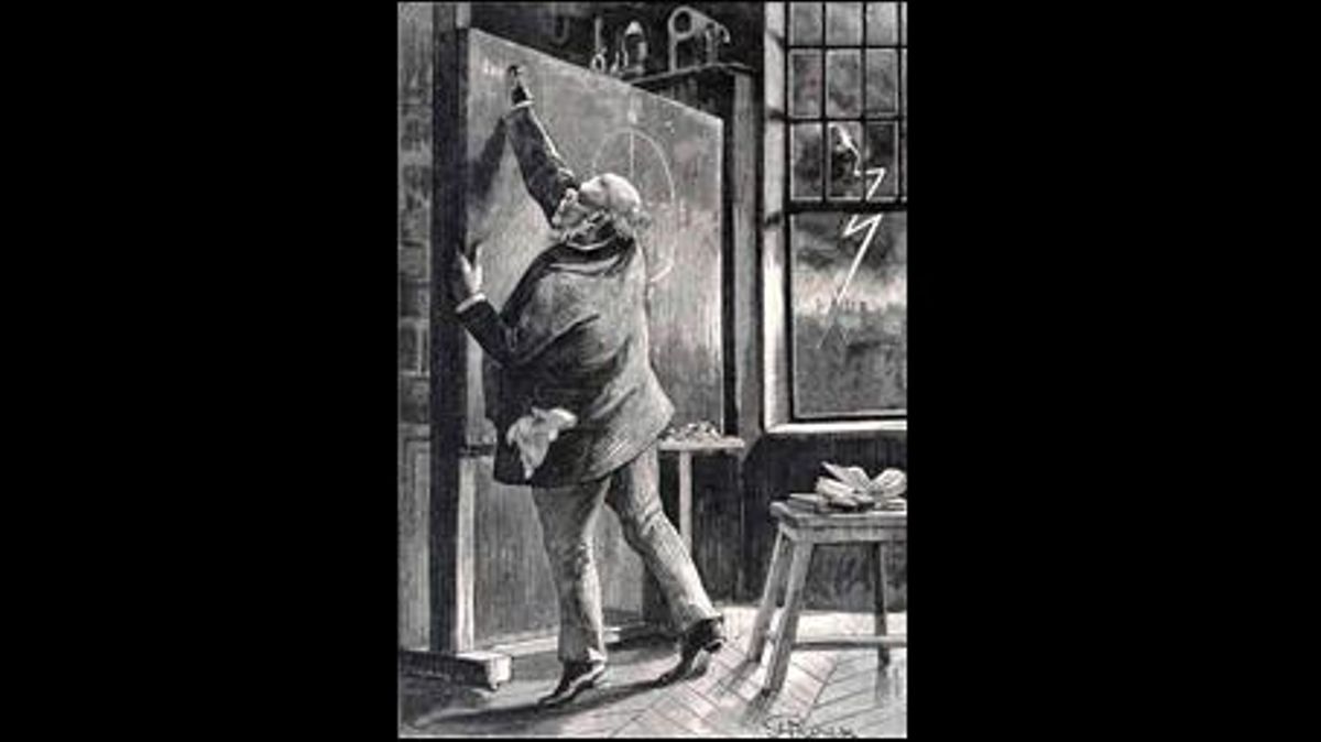 J. T. Maston, uno de los protagonistas de ’Al revés’ haciendo sus cálculos para cambiar el eje de la Tierra. Ilustración de Georges Roux. J. T. Maston, uno de los protagonistas de ’Al revés’ haciendo sus cálculos para cambiar el eje de la Tierra. Ilustración de Georges Roux.