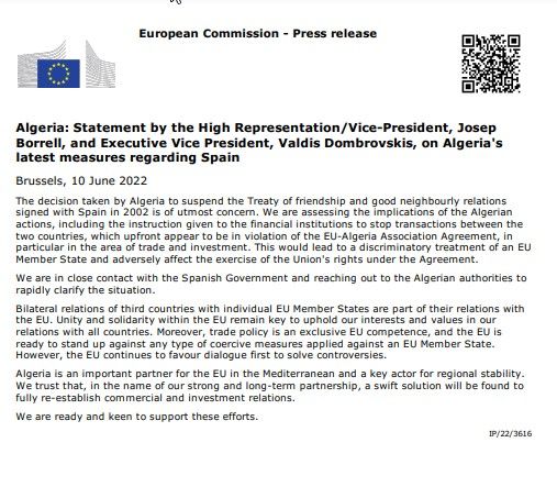 Comunicado de la Comisión Europea tras el bloqueo comercial de Argelia a España (10 de junio de 2022)