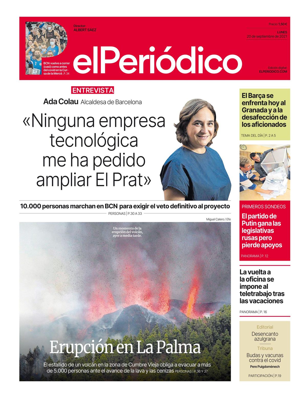 La portada de EL PERIÓDICO del 20 de septiembre de 2021 La portada de EL PERIÓDICO del 20 de septiembre de 2021
