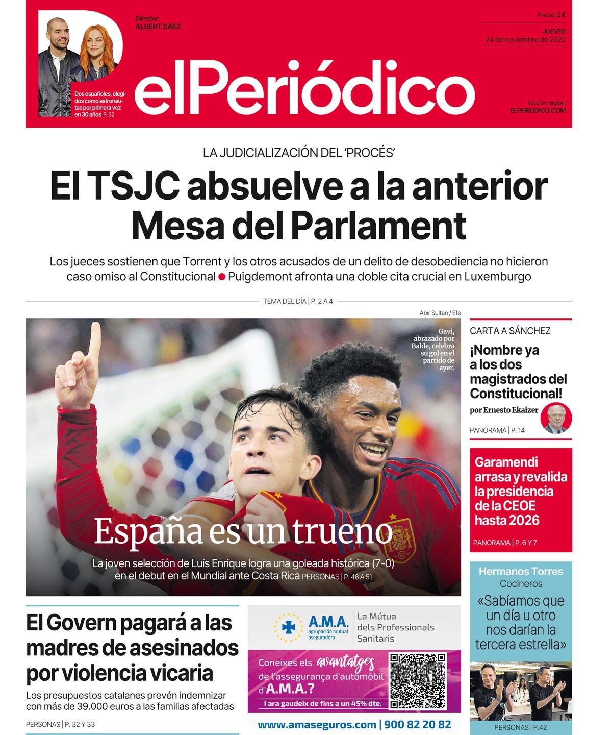 La portada d’EL PERIÓDICO del 24 de novembre del 2022