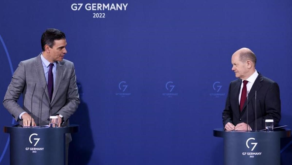 El presidente del Gobierno, Pedro Sánchez, durante su comparecencia conjunta con el canciller alemán, Olaf Scholz, este 18 de marzo de 2022 en Berlín. El presidente del Gobierno, Pedro Sánchez, durante su comparecencia conjunta con el canciller alemán, Olaf Scholz, este 18 de marzo de 2022 en Berlín.