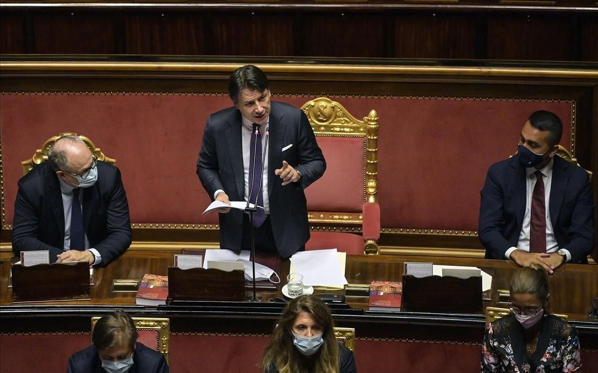 Conte, durante su comparencia en el Senado para explicar el acuerdo de la UE. Conte, durante su comparencia en el Senado para explicar el acuerdo de la UE.