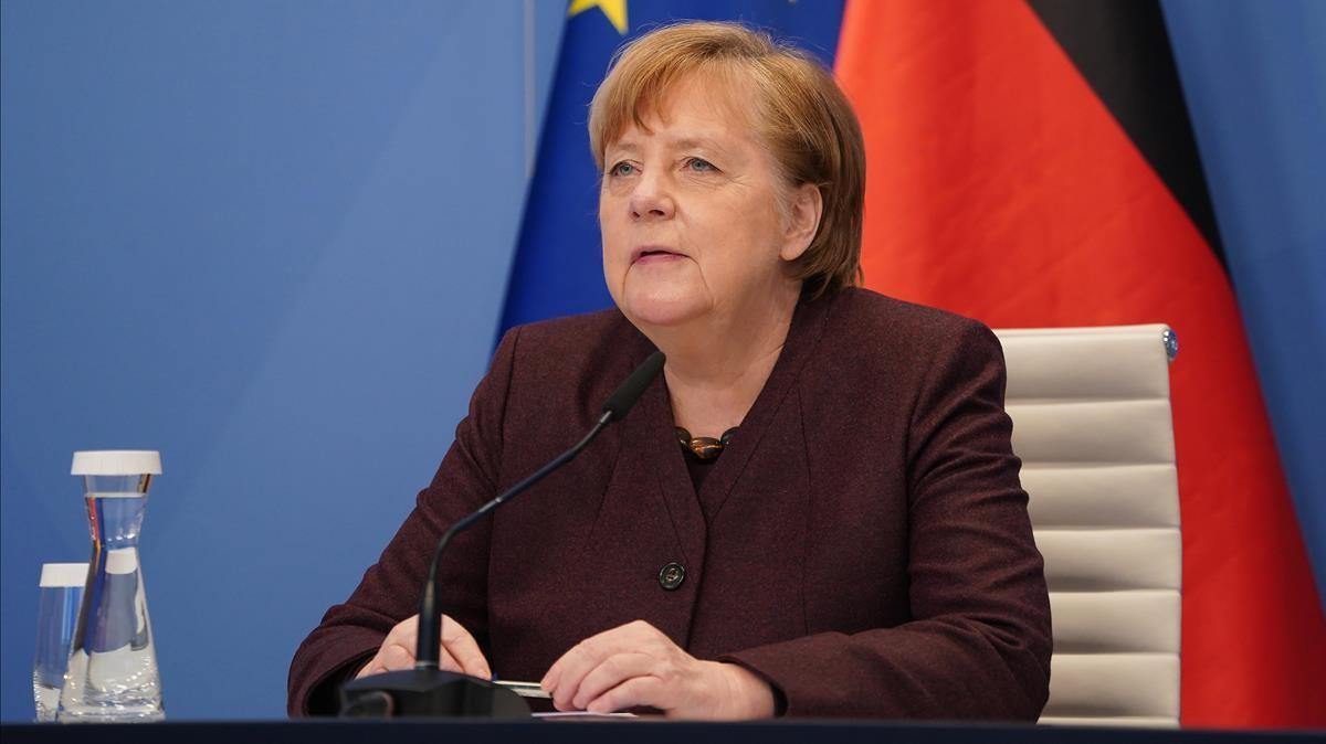 La canciller de Alemania, Ángela Merkel, interviniendo telemáticamente.