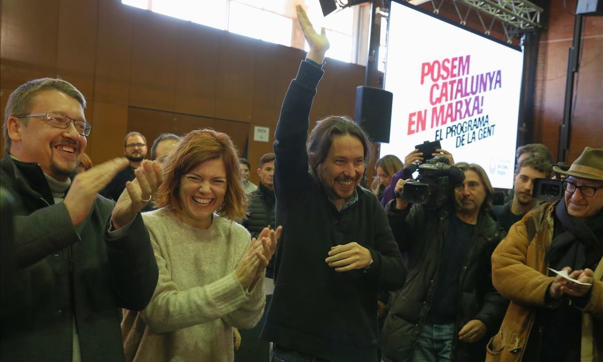 Xavier Domènech, Elisenda Alamany, Pablo Iglesias y Vicenç Navarro, en un acto en Sant Adrià del Besòs