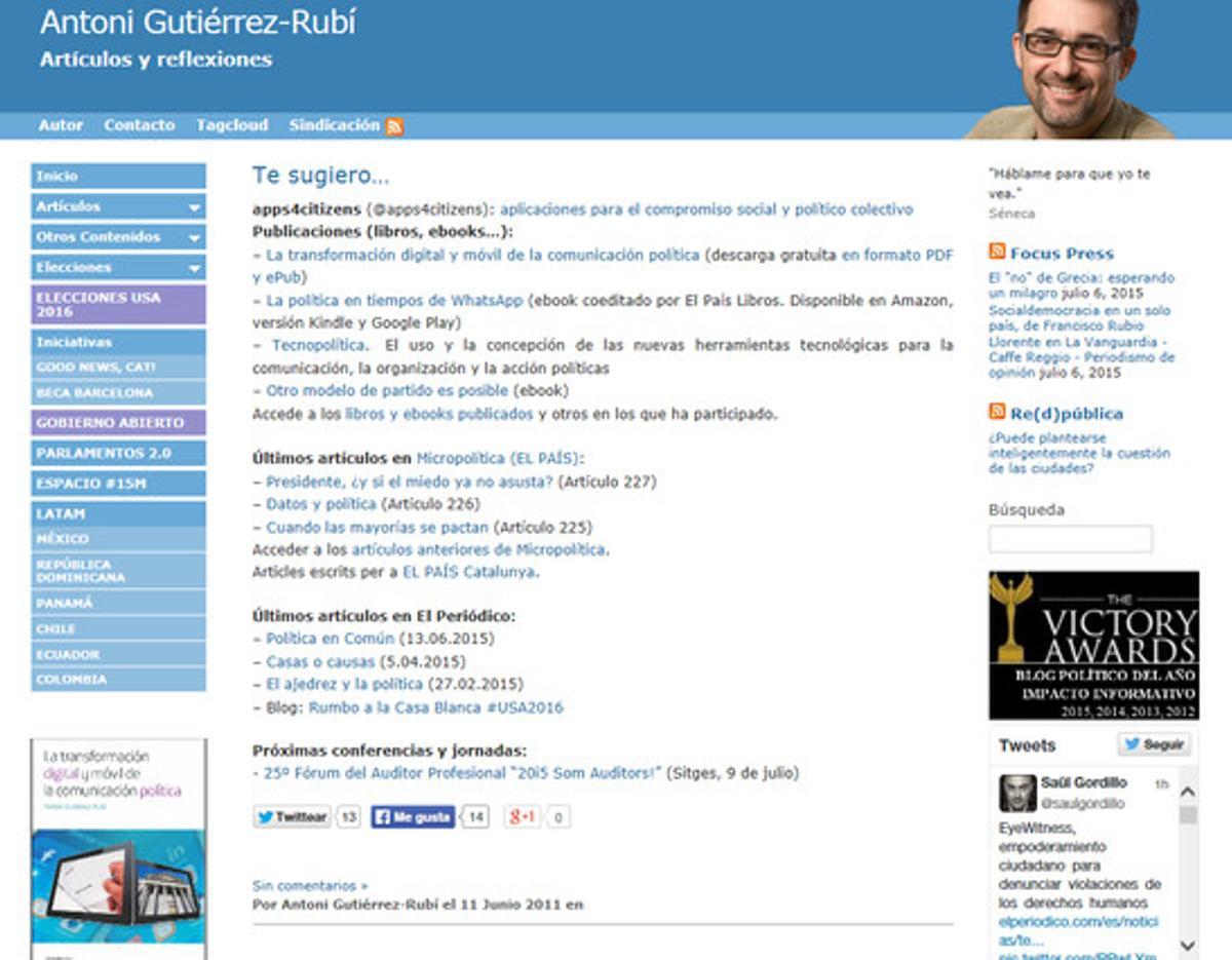 Captura de la página principal del blog de Antoni Gutiérrez-Rubí, ganador del premio al Blog Político del Año.