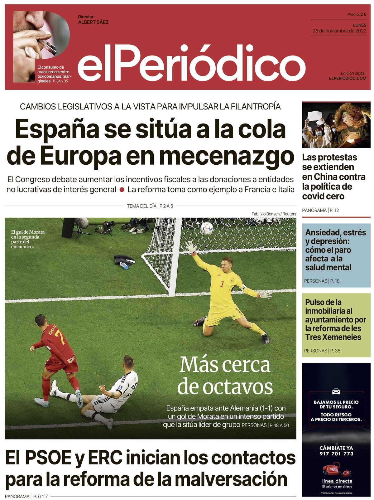 La portada d’EL PERIÓDICO del 28 de novembre del 2022 La portada d’EL PERIÓDICO del 28 de novembre del 2022
