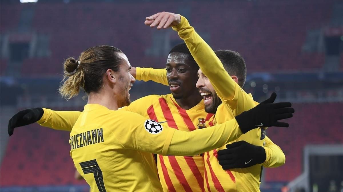 Griezmann celebra su gol con Dembélé y Jordi Alba Griezmann celebra su gol con Dembélé y Jordi Alba