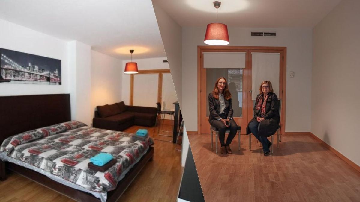 Las abogadas Marta Martín y Carme Blancher en uno de los pisos recuperados. 