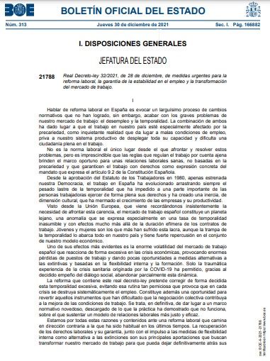 Real decreto ley 32/2021, de 28 de diciembre, de la reforma laboral