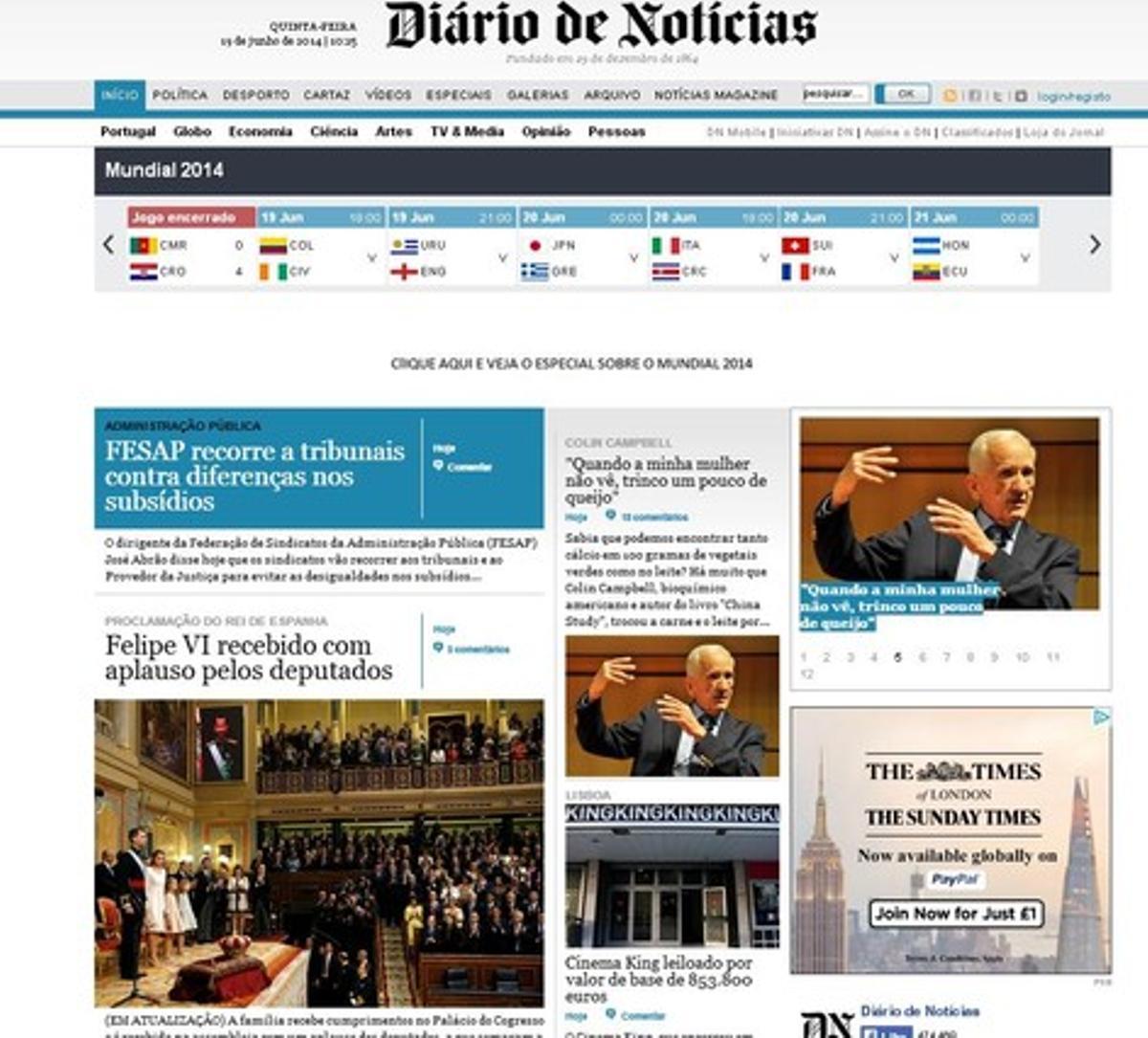 Capçalera ’Diário Noticias’ es fa ressò de la coronació de Felip VI.
