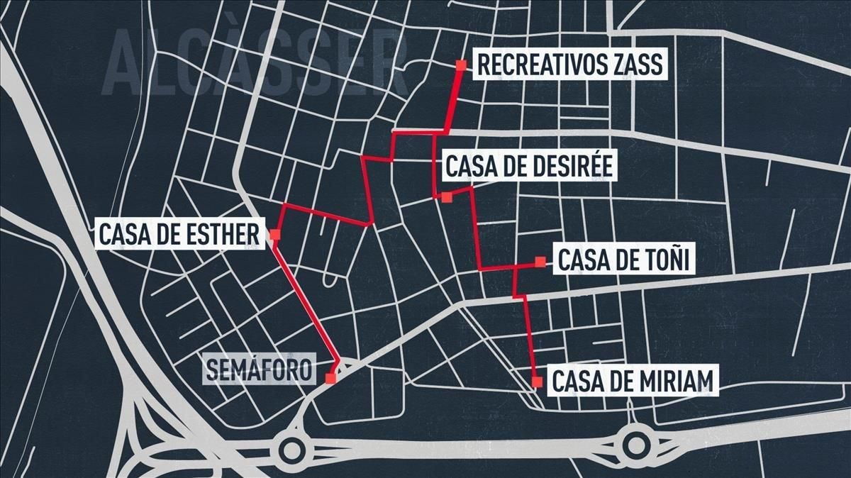 Croquis del documental ’El caso Alcàsser’, de Netflix, que recrea el recorrido de Míriam, Toñi y Desirée antes de ser asesinadas. Croquis del documental ’El caso Alcàsser’, de Netflix, que recrea el recorrido de Míriam, Toñi y Desirée antes de ser asesinadas.