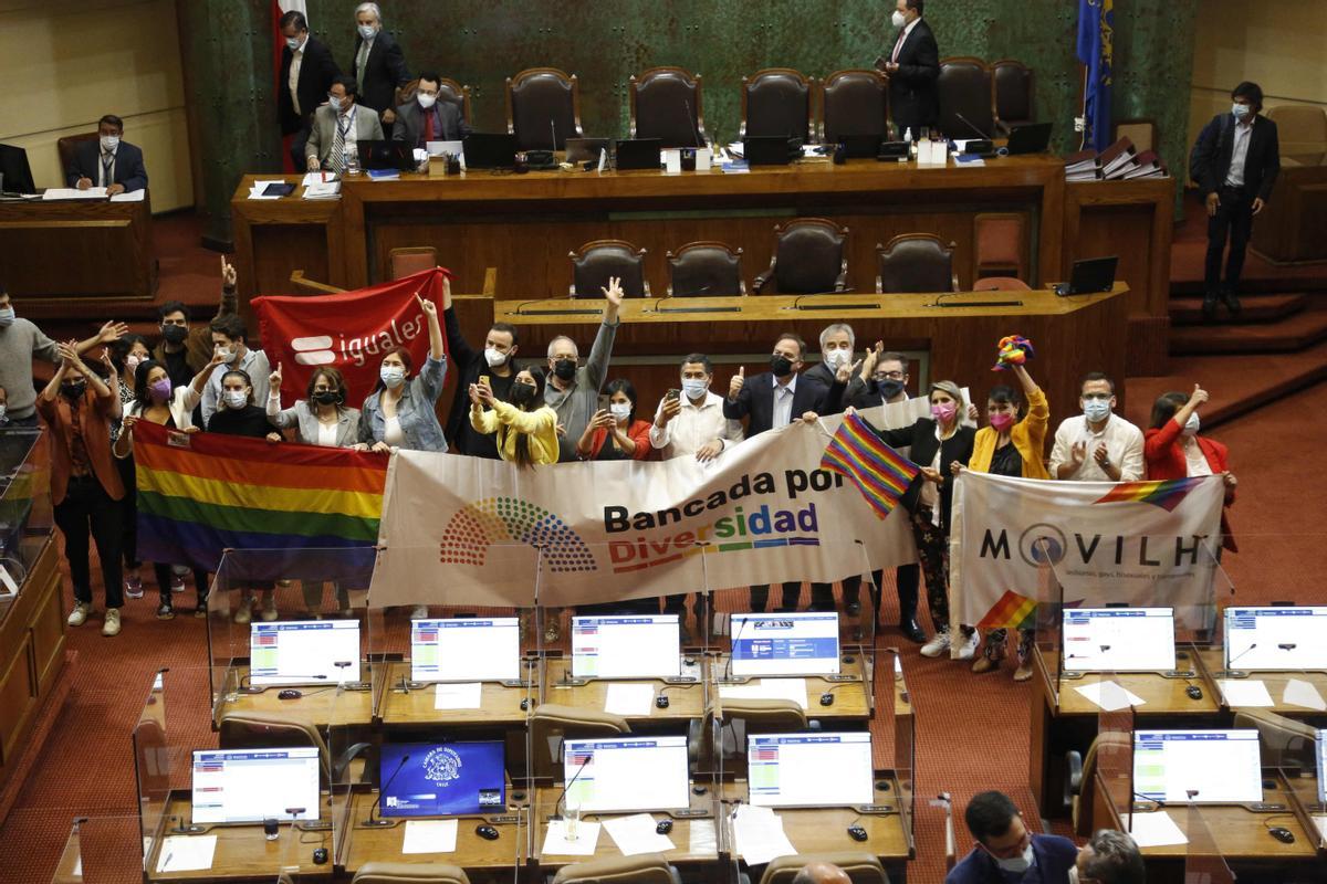 Miembros de diversos asociaciones celebran el Senado de Chile la aprobación de la ley sobre el matrimonio de personas del mismo sexo. (Photo by 
