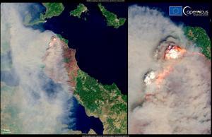 Incendio en la isla griega de Eubea, visto desde el satélite Copernicus.