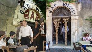 Dos imágenes del Bar Vitelli: en el rodaje de la película (izquierda) y como foco turístico, en la actualidad. 