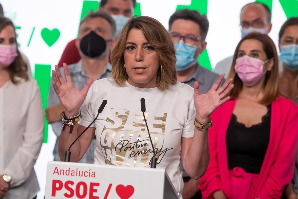 La secretaria general del PSOE-A, Susana Díaz, este 13 de junio tras su derrota en las primarias, en la sede regional del partido, en la sevillana calle de San Vicente.