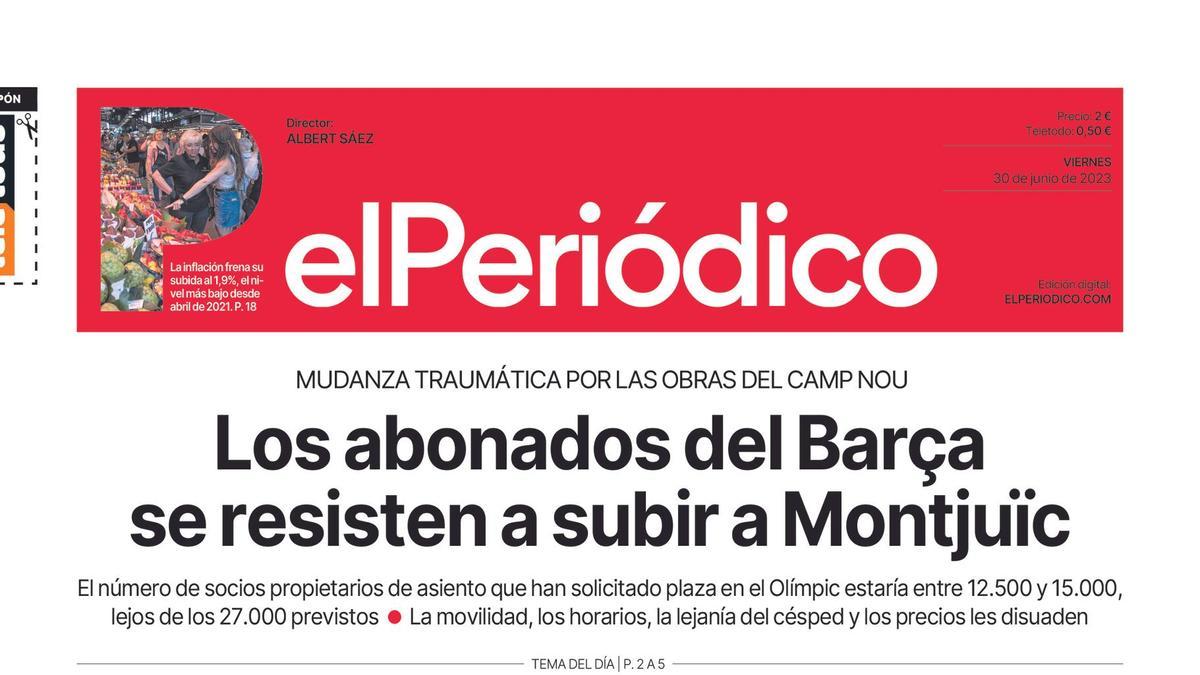 La portada de EL PERIÓDICO del 30 de junio de 2023