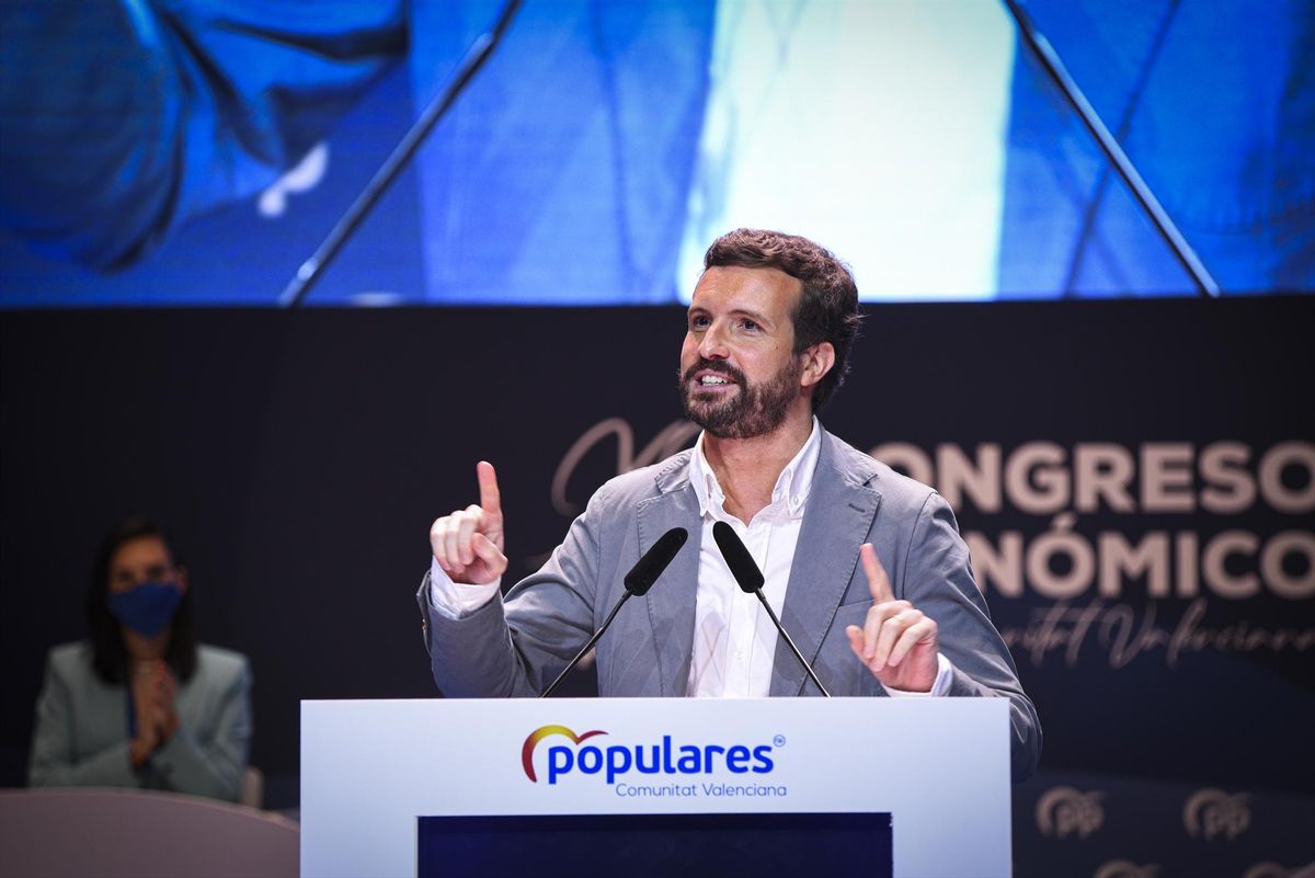 El presidente del PP, Pablo Casado, interviene en el XV Congreso Regional de los populares valencianos tras la elección de su nuevo líder, Carlos Mazón, este 3 de julio en València. El presidente del PP, Pablo Casado, interviene en el XV Congreso Regional de los populares valencianos tras la elección de su nuevo líder, Carlos Mazón, este 3 de julio en València.