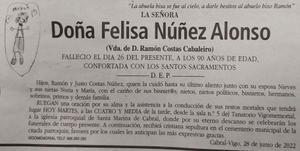 Esquela de Felisa Núñez Alonso publicada en FARO DE VIGO el 28 de junio de 2022. 