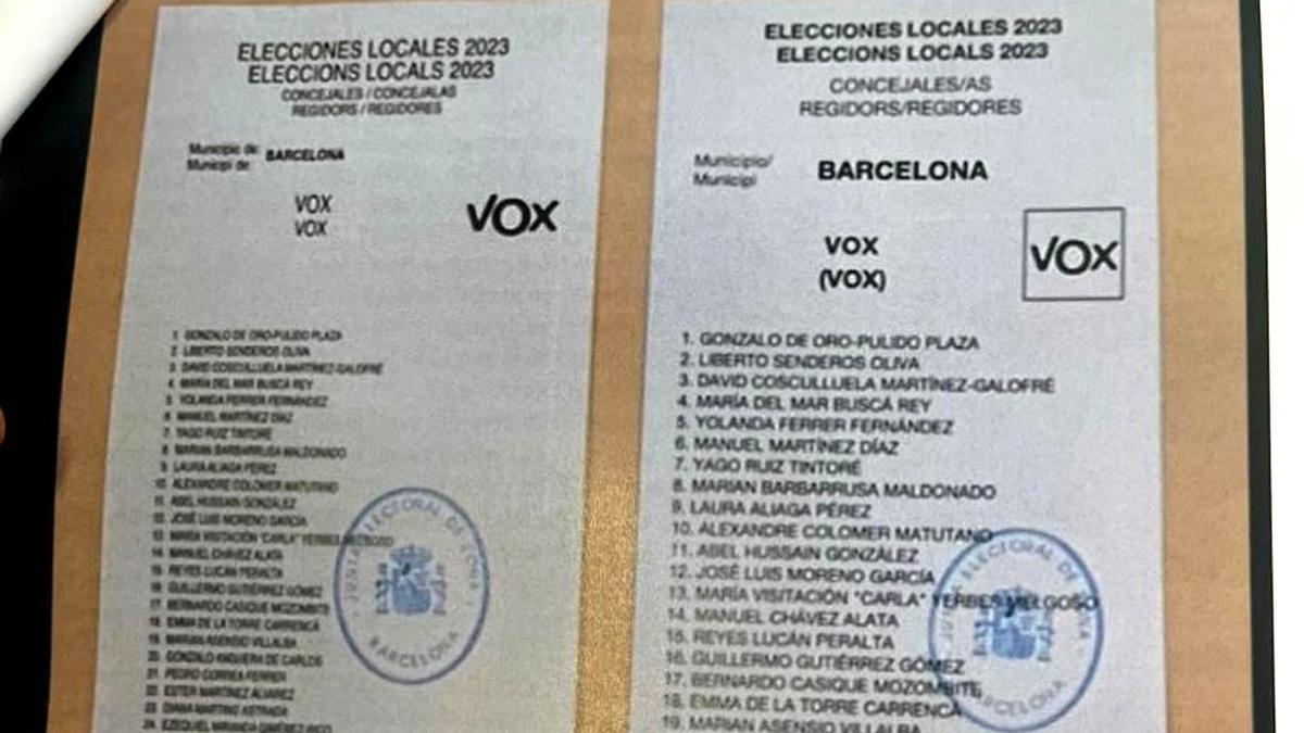 Las dos pàpeletas de VOX en las pasadas elecciones del 28 de mayo en Barcelona, con recuadro en el logo y sin él. Las dos pàpeletas de VOX en las pasadas elecciones del 28 de mayo en Barcelona, con recuadro en el logo y sin él.