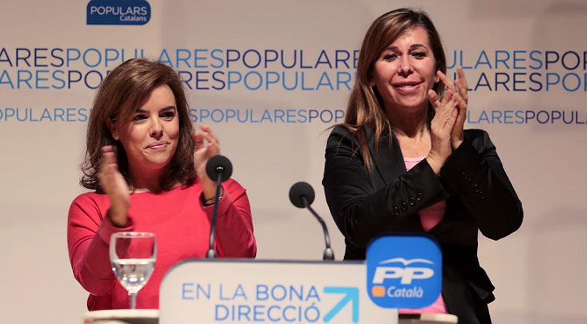 La vicepresidenta del Gobierno, Soraya Sáenz de Santamaría, en un acto de precampaña para las elecciones europeas.